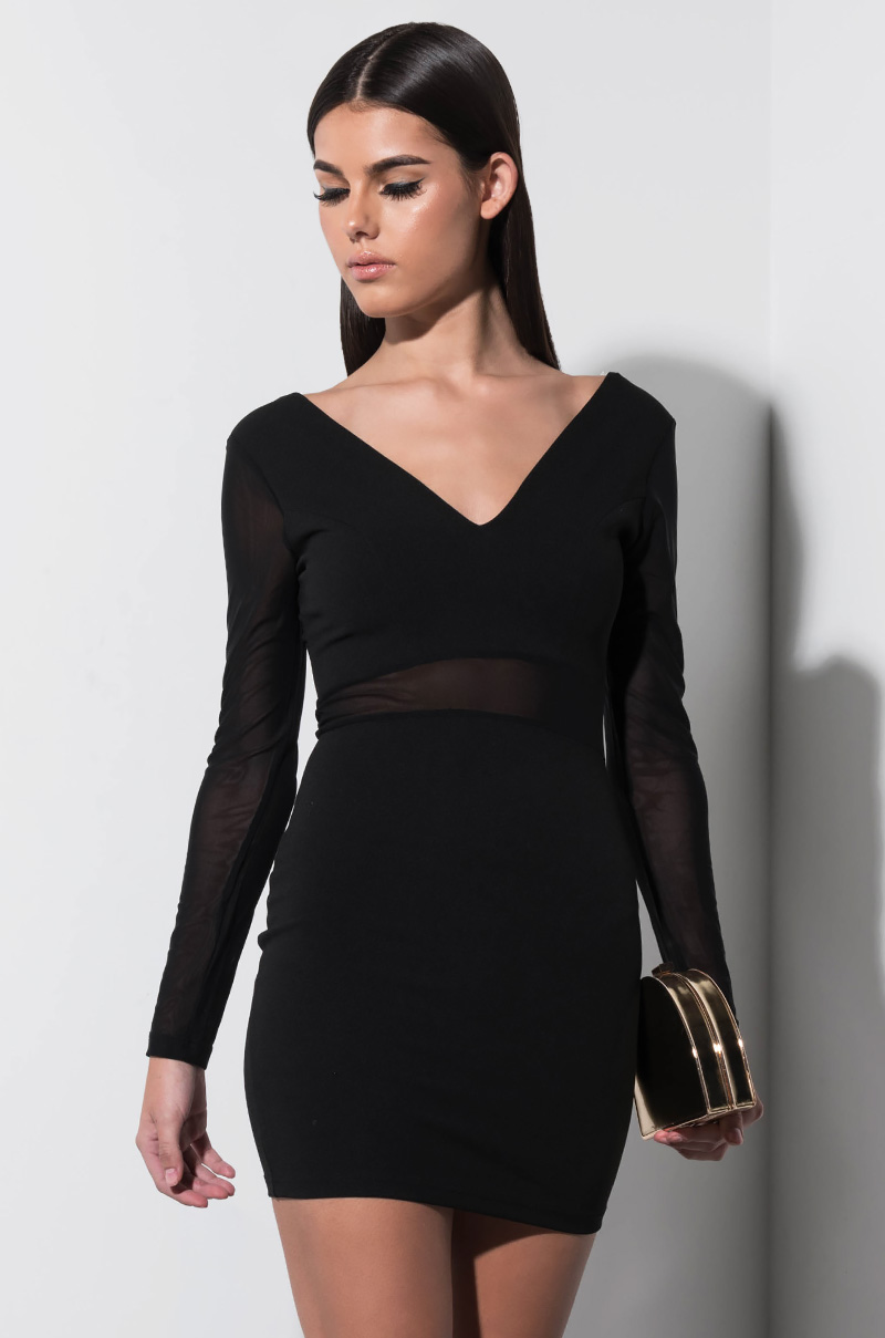 AKIRA Label Sexy Long Sleeve Mesh Mini Dress in Black