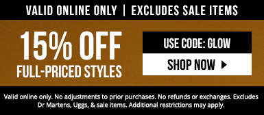 15% off full-priced styles with code GLOW. Valid online only. Excludes Dr Martens, Uggs, and sale items.